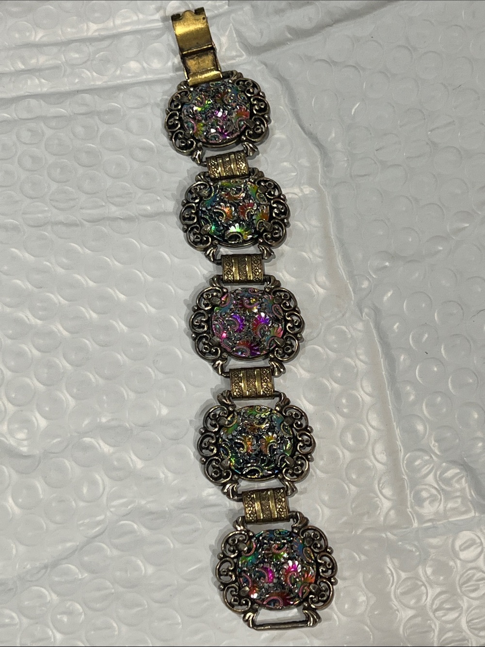 Vintage 1950s Signed Judy Lee Carnival Glass Panel Bracelet Iridescent Cabochon